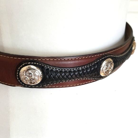 Justin Brown Black Leather Belt Braided Western Conchos Silver Tooled Buckle 30 - Picture 4 of 13